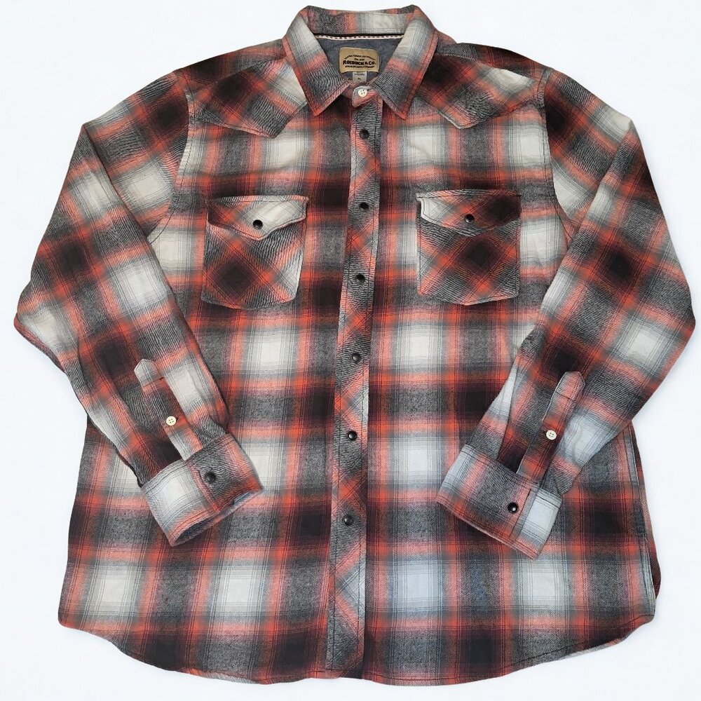 Roebuck & Co. Mens XL Button Up Plaid Long Sleeve Snap Red Black